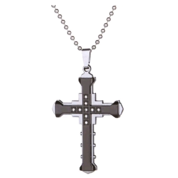 Cross Multi-layer Stainless Steel Men's Necklace With Cubic Zirconia Stones NWT - Picture 3 of 7